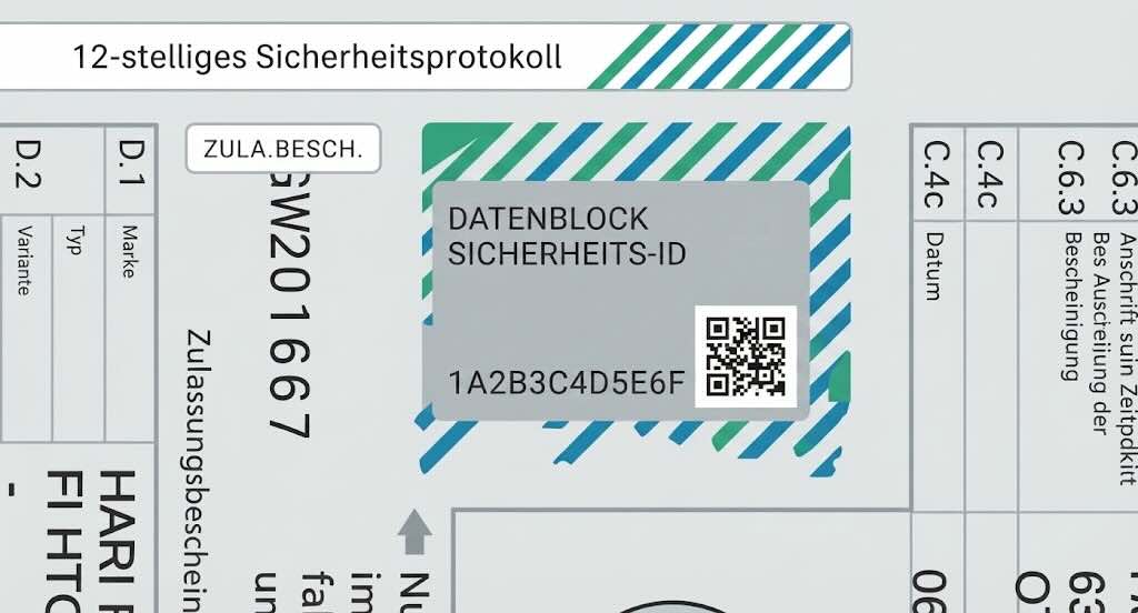 12-stelliger Sicherheitscode auf der Zulassungsbescheinigung Teil II