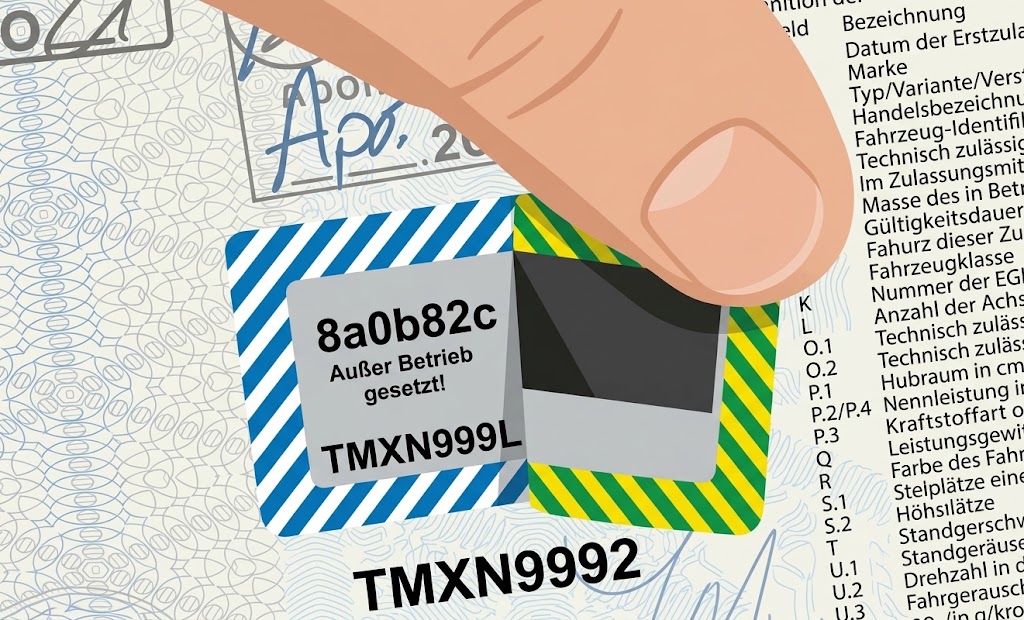 Freigelegter Sicherheitscode nach dem Abziehen der Abdeckung vom Fahrzeugschein